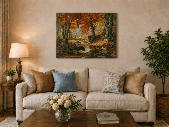 Unframed hand-painted autumn forest stream oil painting flowing around mossy boulders displayed above a neutral living room sofa.