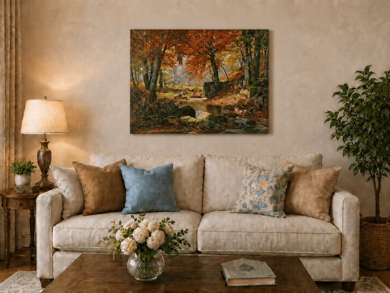 Unframed hand-painted autumn forest stream oil painting flowing around mossy boulders displayed above a neutral living room sofa.