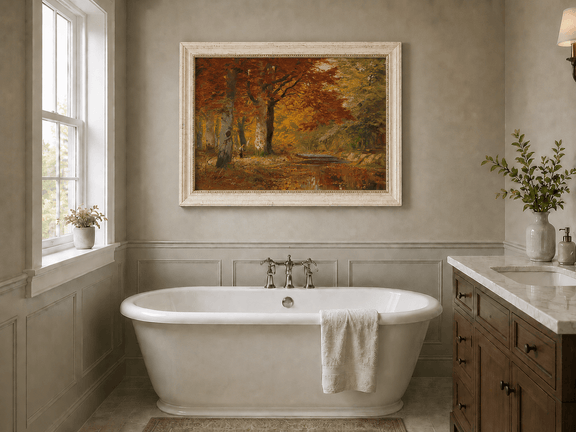 Framed hand-painted autumn forest oil painting with a stream and red-leaved trees displayed above a freestanding bathtub.