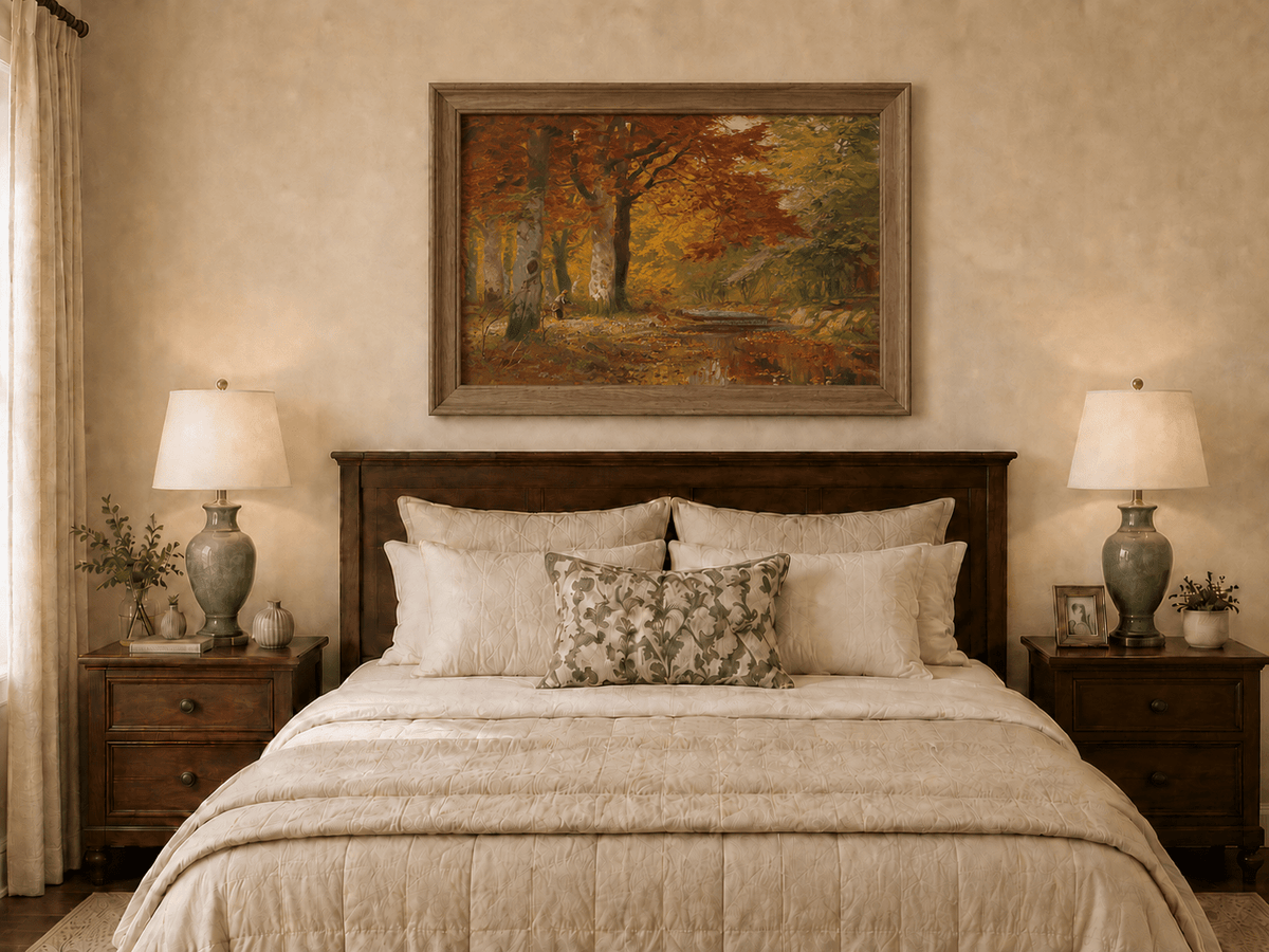 Framed hand-painted autumn forest oil painting with a stream and red-leaved trees displayed above a wooden bed in a neutral bedroom.
