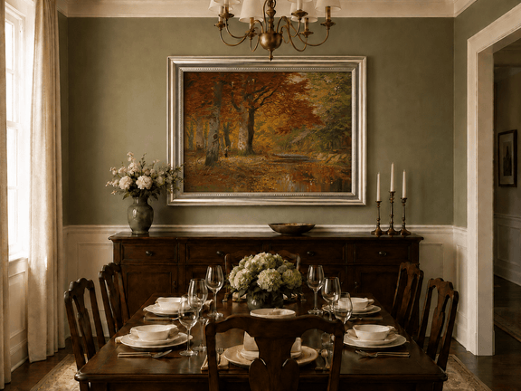 Framed hand-painted autumn forest oil painting with a stream and red-leaved trees displayed above a formal dining table.