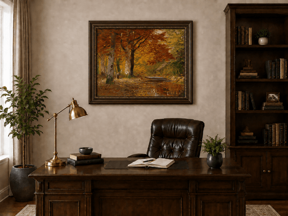 Framed hand-painted autumn forest oil painting with a stream and red-leaved trees displayed above a traditional home office desk.