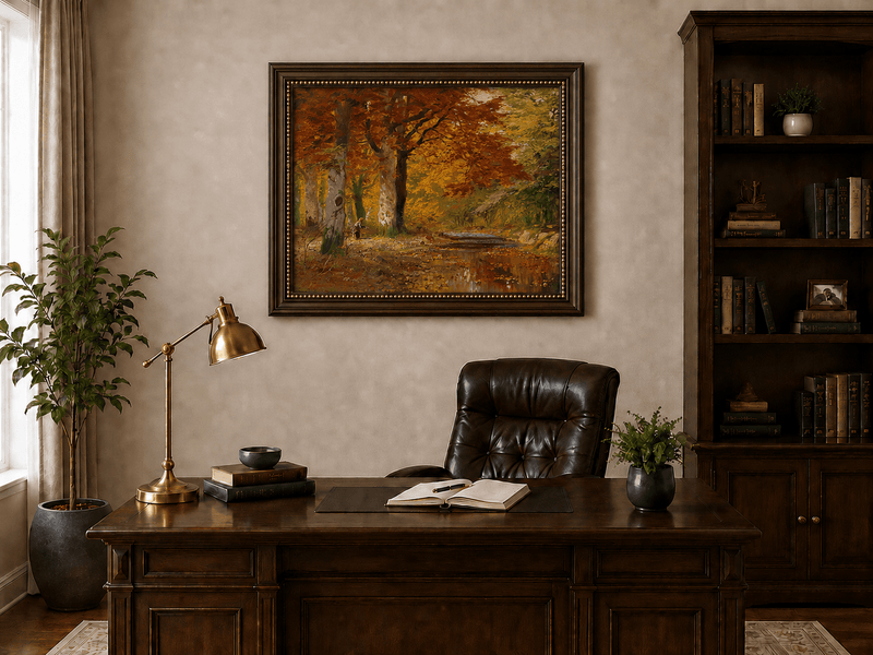 Framed hand-painted autumn forest oil painting with a stream and red-leaved trees displayed above a traditional home office desk.
