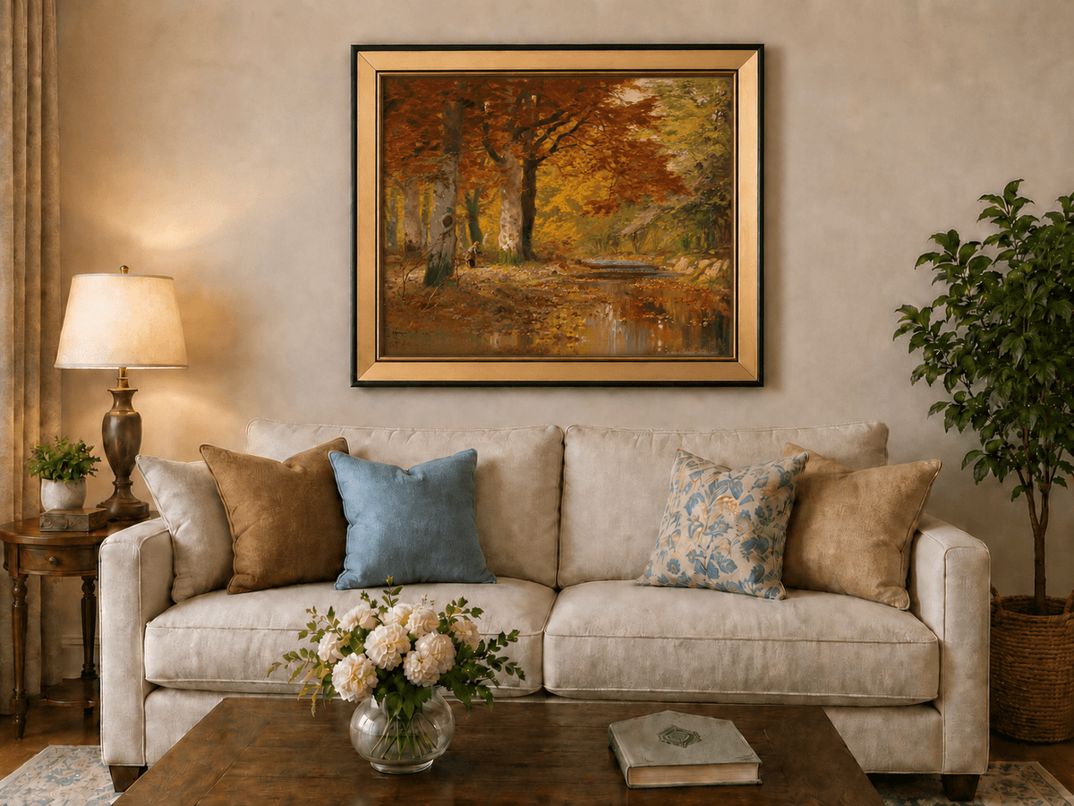 Framed hand-painted autumn forest oil painting with a stream and red-leaved trees displayed above a neutral living room sofa.
