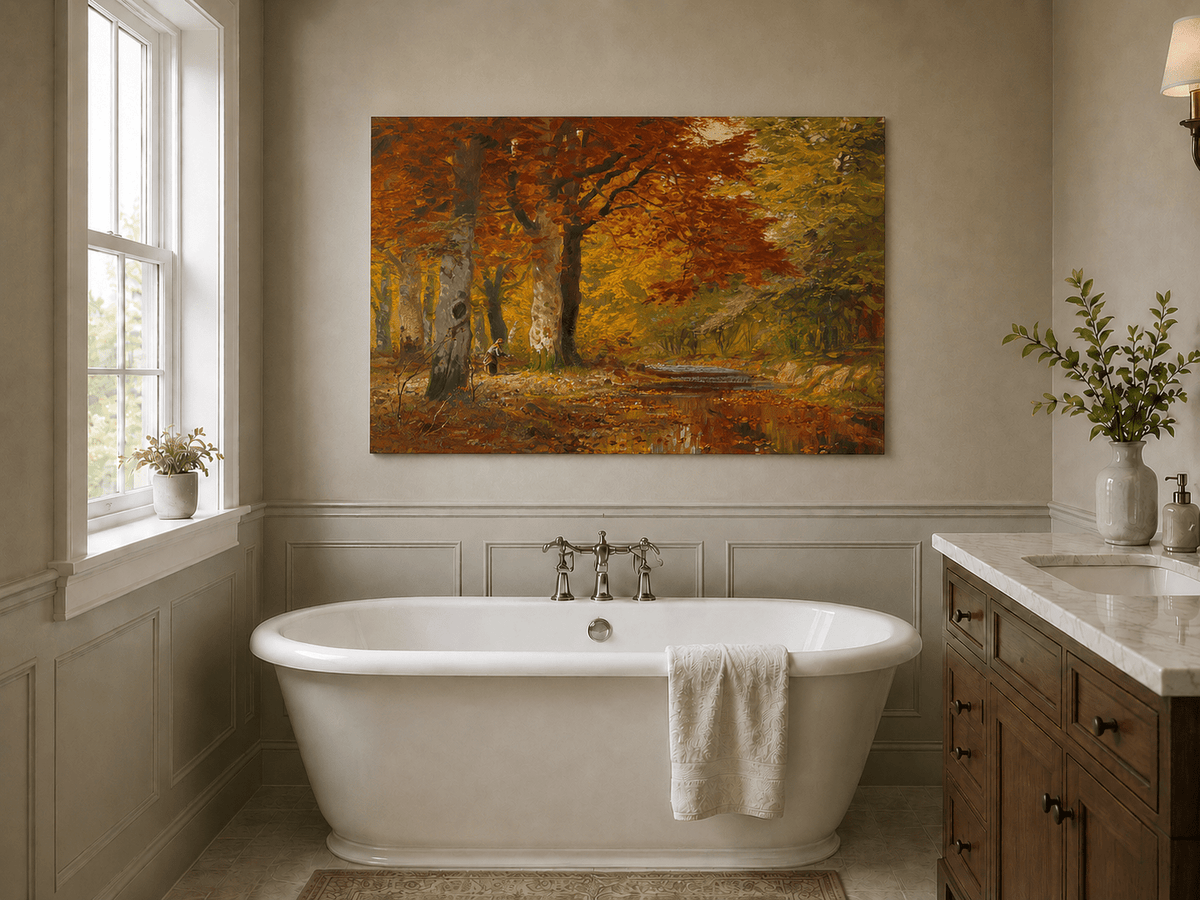 Unframed hand-painted autumn forest oil painting with a stream and red-leaved trees displayed above a freestanding bathtub.