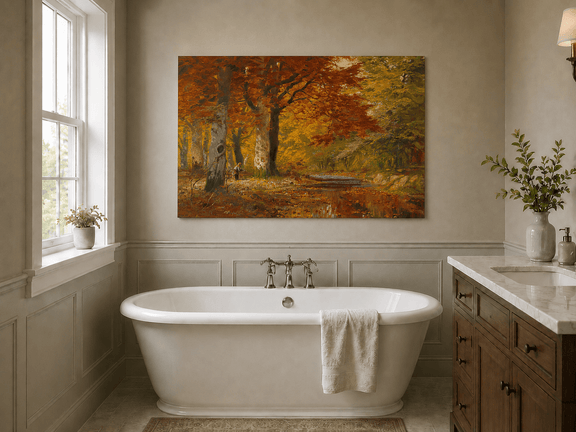 Unframed hand-painted autumn forest oil painting with a stream and red-leaved trees displayed above a freestanding bathtub.