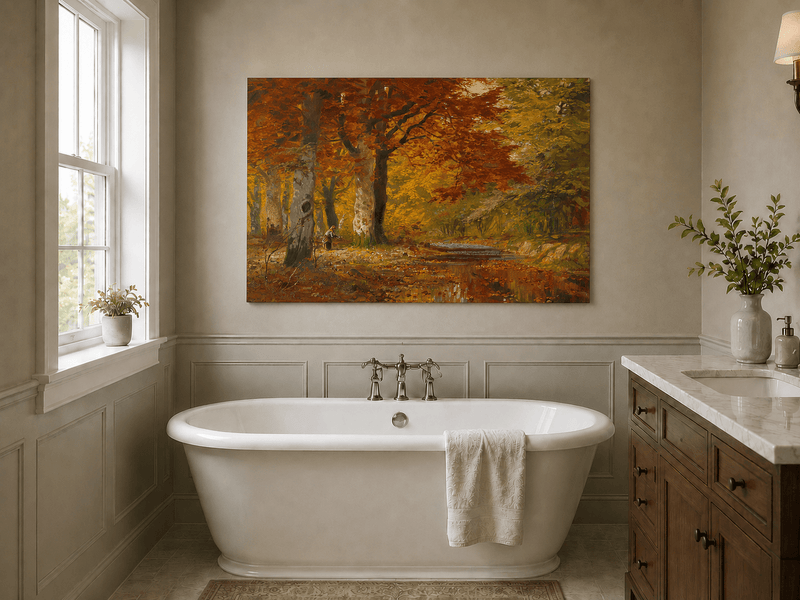 Unframed hand-painted autumn forest oil painting with a stream and red-leaved trees displayed above a freestanding bathtub.