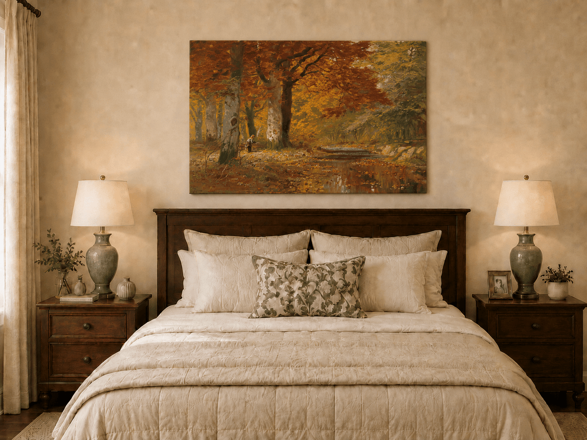 Unframed hand-painted autumn forest oil painting with a stream and red-leaved trees displayed above a wooden bed in a neutral bedroom.