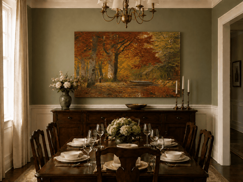 Unframed hand-painted autumn forest oil painting with a stream and red-leaved trees displayed above a formal dining table.