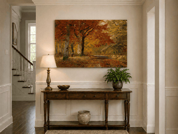 Unframed hand-painted autumn forest oil painting with a stream and red-leaved trees displayed above an entryway console table.