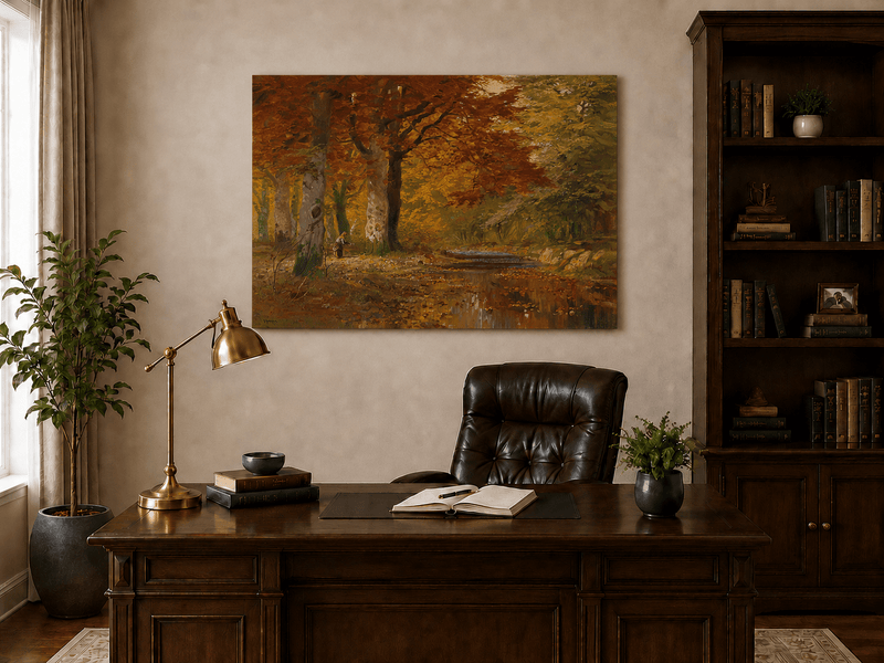 Unframed hand-painted autumn forest oil painting with a stream and red-leaved trees displayed above a traditional home office desk.