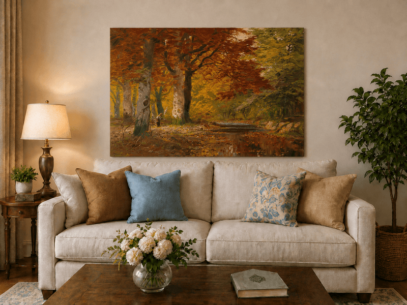 Unframed hand-painted autumn forest oil painting with a stream and red-leaved trees displayed above a neutral living room sofa.