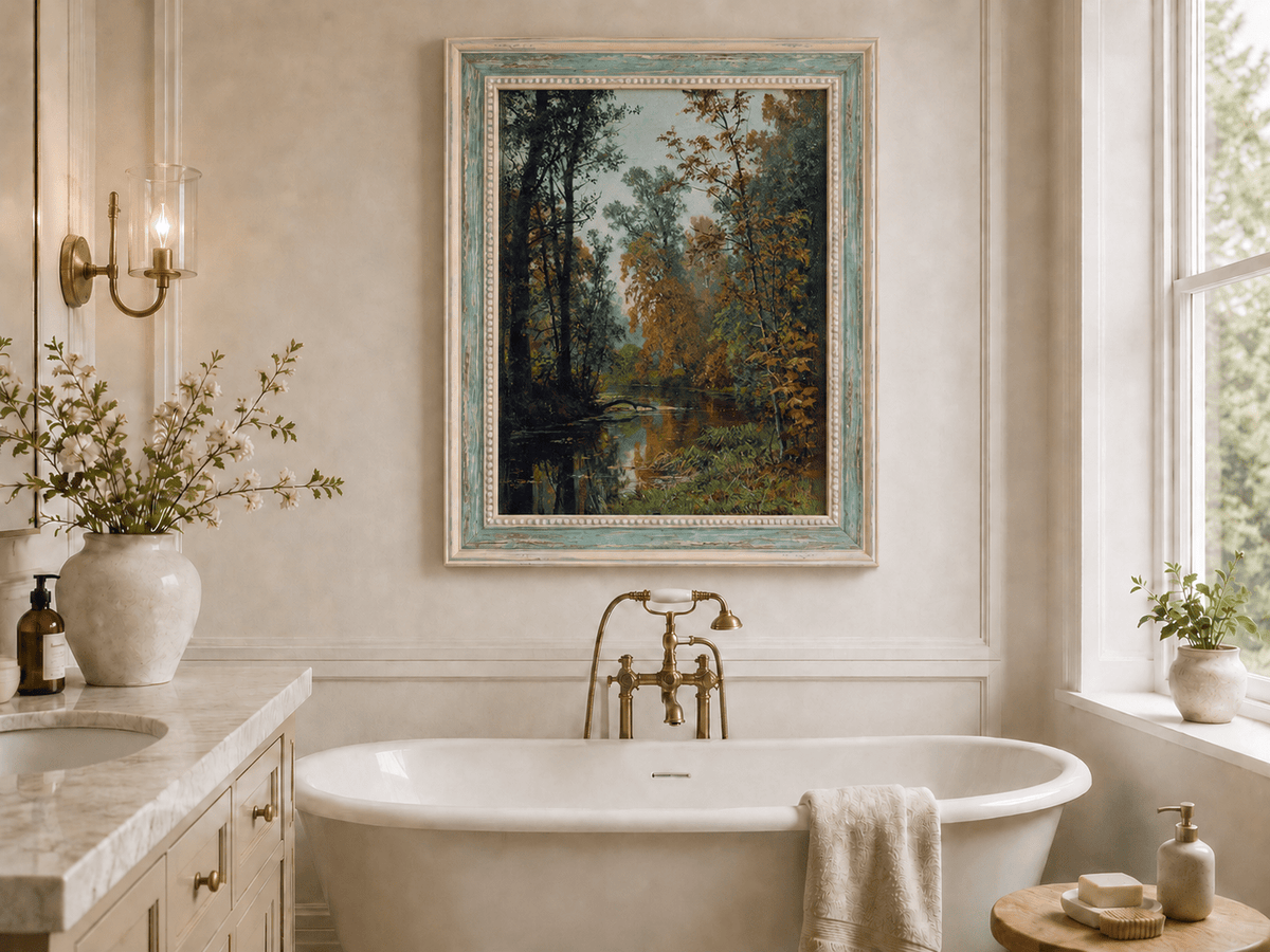 Framed hand-painted autumn forest stream oil painting with colorful trees and reflections displayed above a freestanding bathtub.
