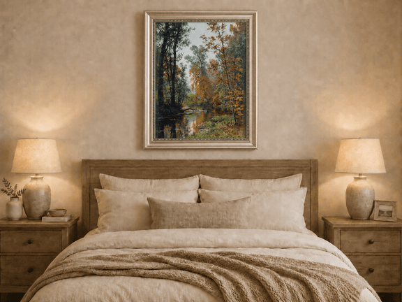 Framed hand-painted autumn forest stream oil painting with colorful trees and reflections displayed above a wooden bed in a neutral bedroom.