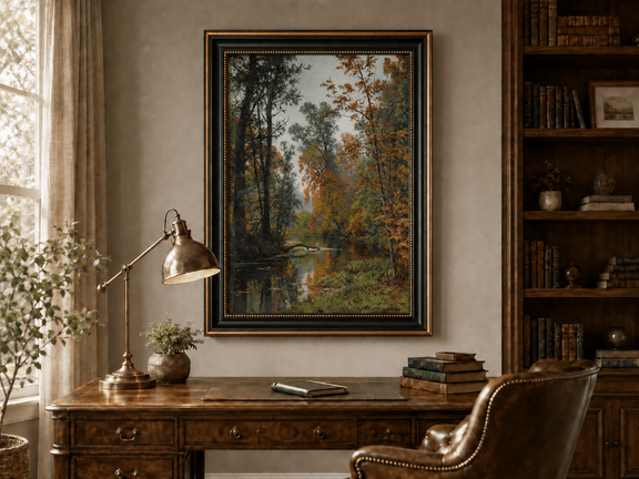 Framed hand-painted autumn forest stream oil painting with colorful trees and reflections displayed above a traditional home office desk.