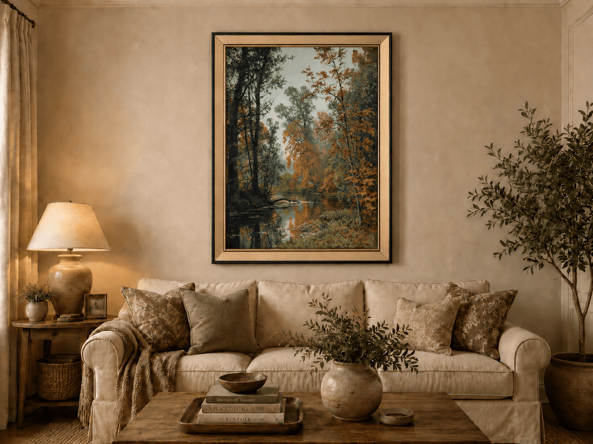 Framed hand-painted autumn forest stream oil painting with colorful trees and reflections displayed above a neutral living room sofa.
