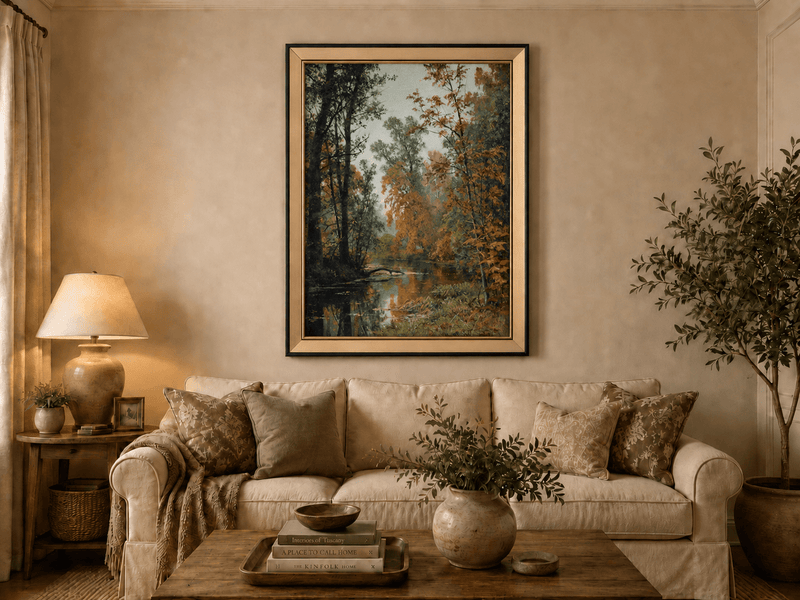 Framed hand-painted autumn forest stream oil painting with colorful trees and reflections displayed above a neutral living room sofa.