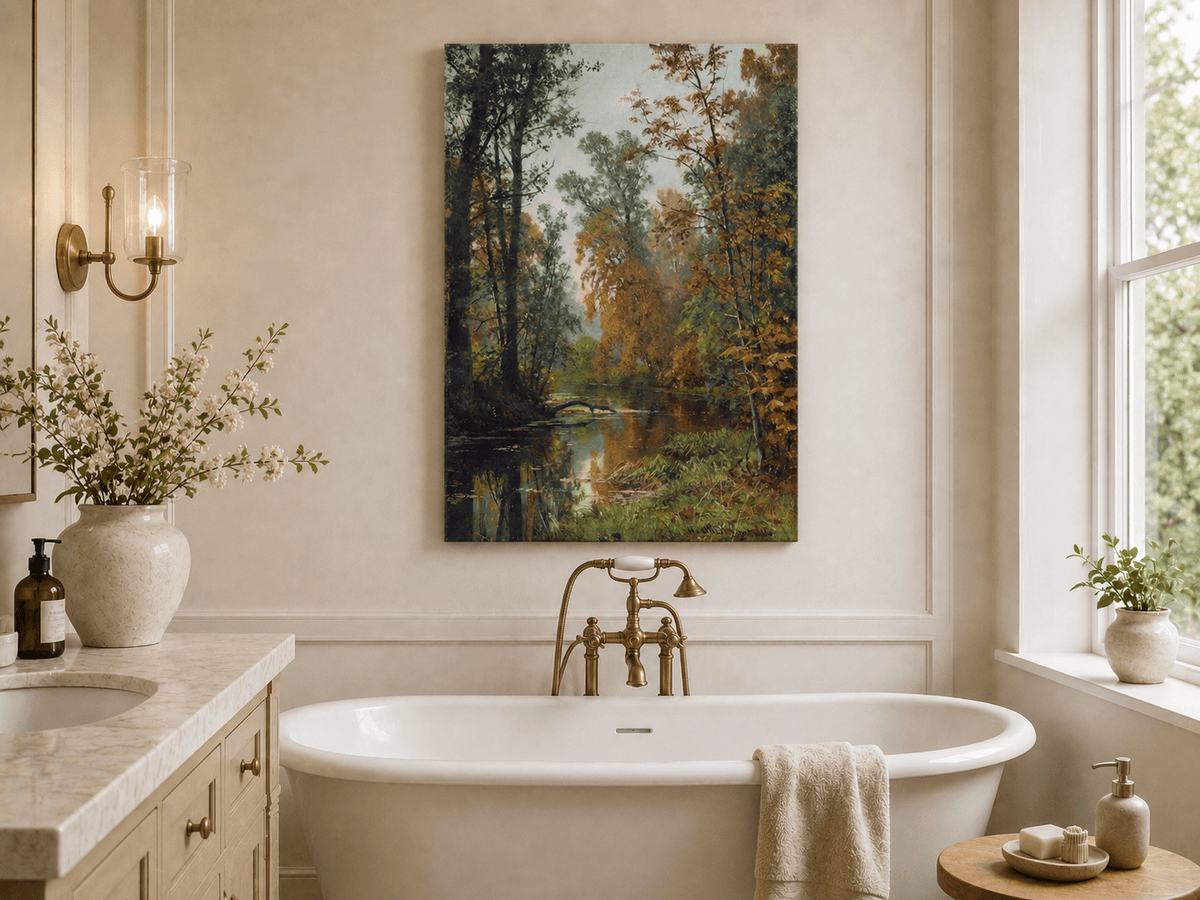 Unframed hand-painted autumn forest stream oil painting with colorful trees and reflections displayed above a freestanding bathtub.