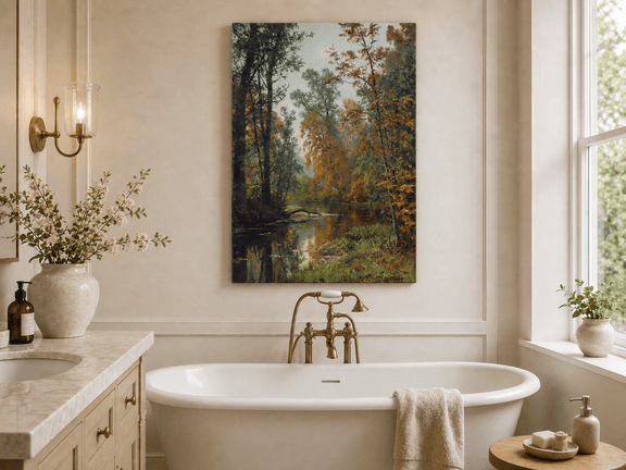 Unframed hand-painted autumn forest stream oil painting with colorful trees and reflections displayed above a freestanding bathtub.