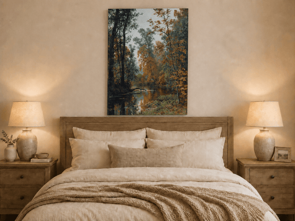 Unframed hand-painted autumn forest stream oil painting with colorful trees and reflections displayed above a wooden bed in a neutral bedroom.