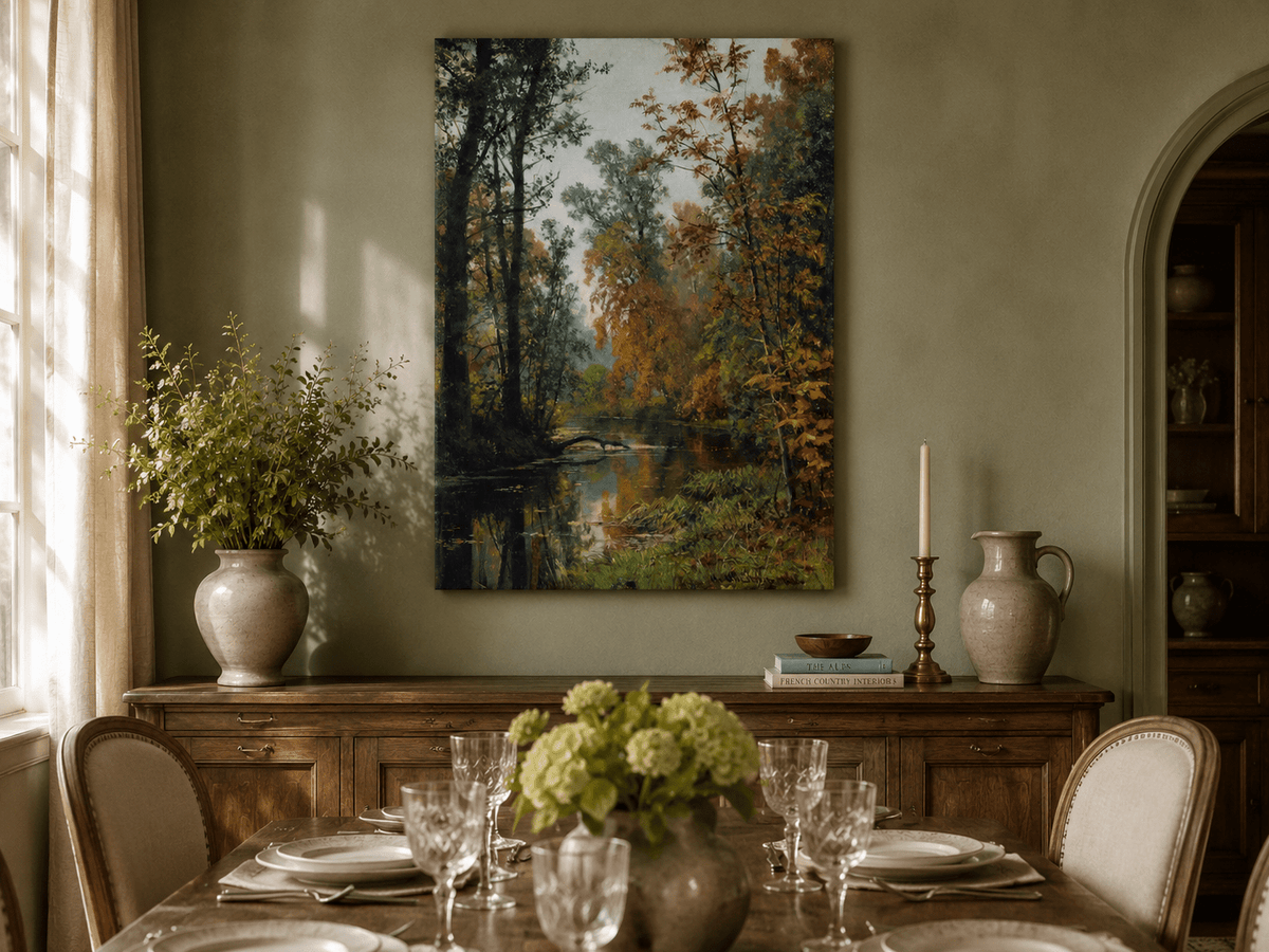 Unframed hand-painted autumn forest stream oil painting with colorful trees and reflections displayed above a formal dining table.