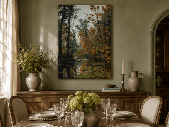 Unframed hand-painted autumn forest stream oil painting with colorful trees and reflections displayed above a formal dining table.