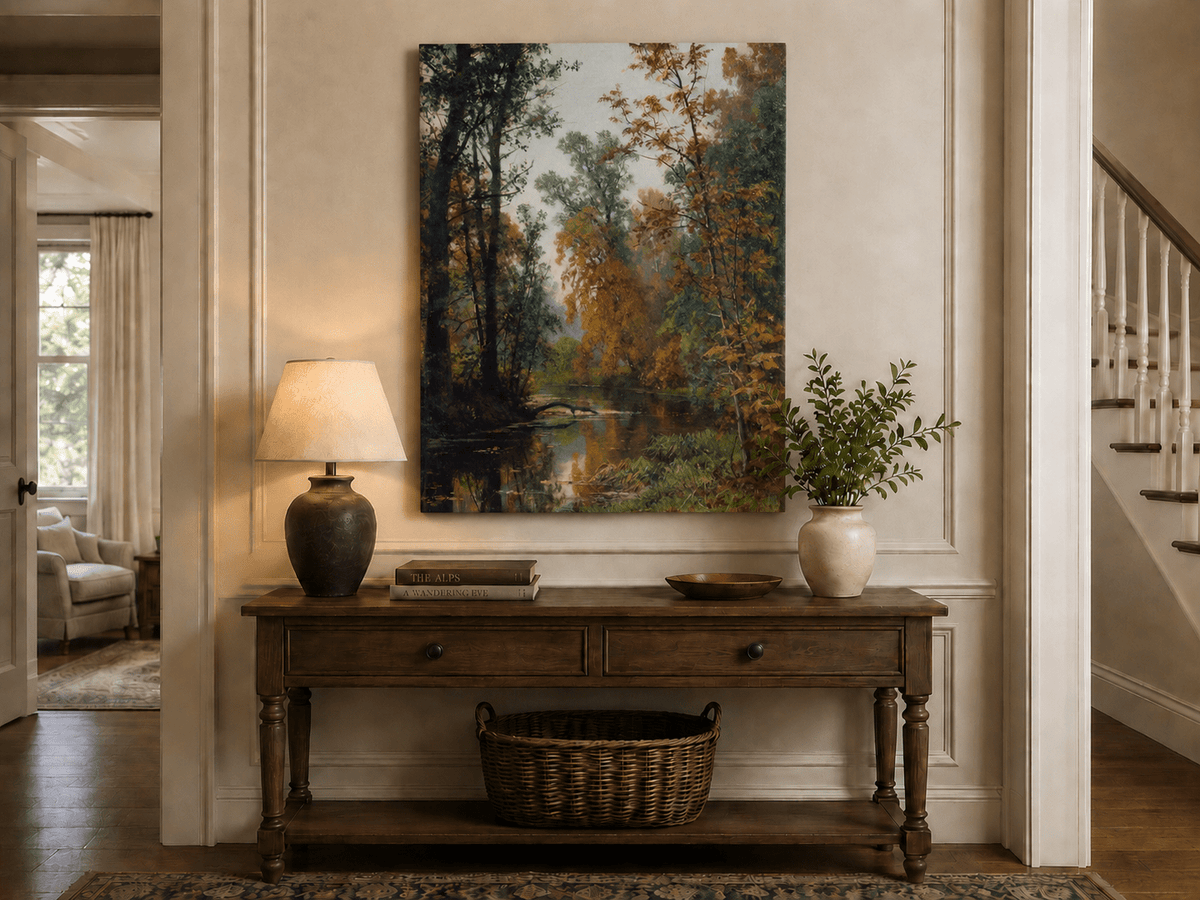 Unframed hand-painted autumn forest stream oil painting with colorful trees and reflections displayed above an entryway console table.
