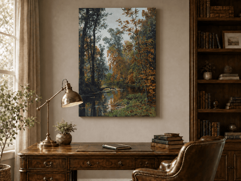 Unframed hand-painted autumn forest stream oil painting with colorful trees and reflections displayed above a traditional home office desk.