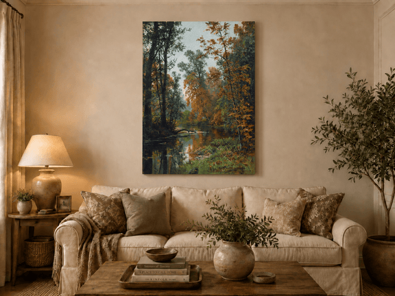 Unframed hand-painted autumn forest stream oil painting with colorful trees and reflections displayed above a neutral living room sofa.