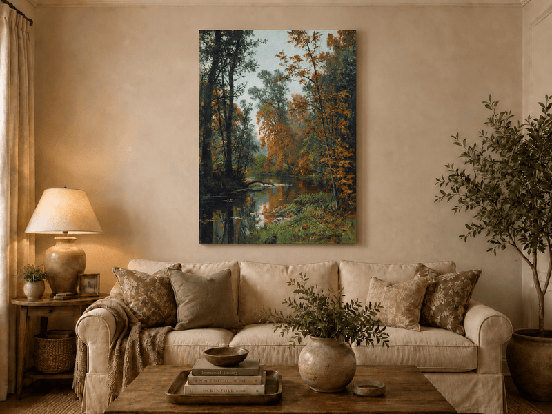 Unframed hand-painted autumn forest stream oil painting with colorful trees and reflections displayed above a neutral living room sofa.