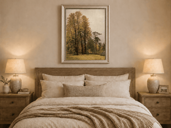 Framed hand-painted autumn forest oil painting with tall golden-leaved trees displayed above a wooden bed in a neutral bedroom.