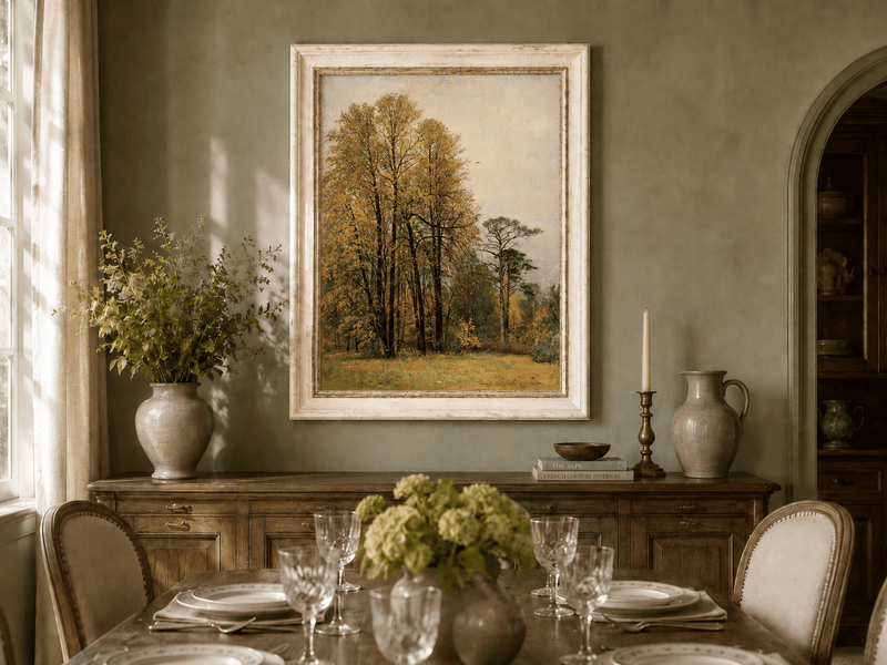 Framed hand-painted autumn forest oil painting with tall golden-leaved trees displayed above a formal dining table.