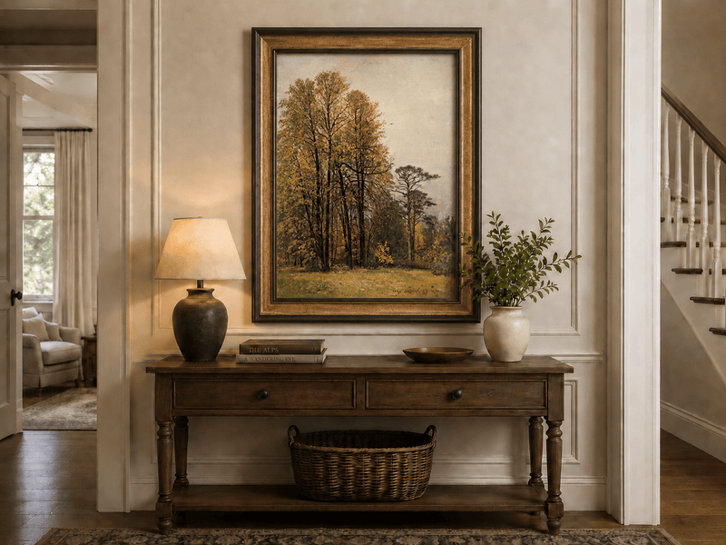 Framed hand-painted autumn forest oil painting with tall golden-leaved trees displayed above an entryway console table.