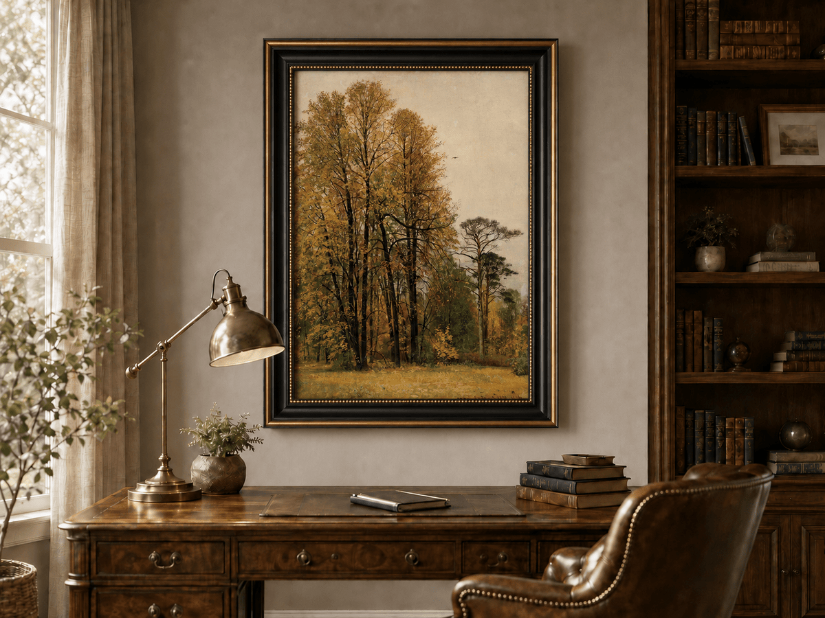 Framed hand-painted autumn forest oil painting with tall golden-leaved trees displayed above a traditional home office desk.