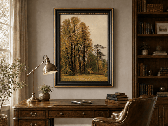 Framed hand-painted autumn forest oil painting with tall golden-leaved trees displayed above a traditional home office desk.
