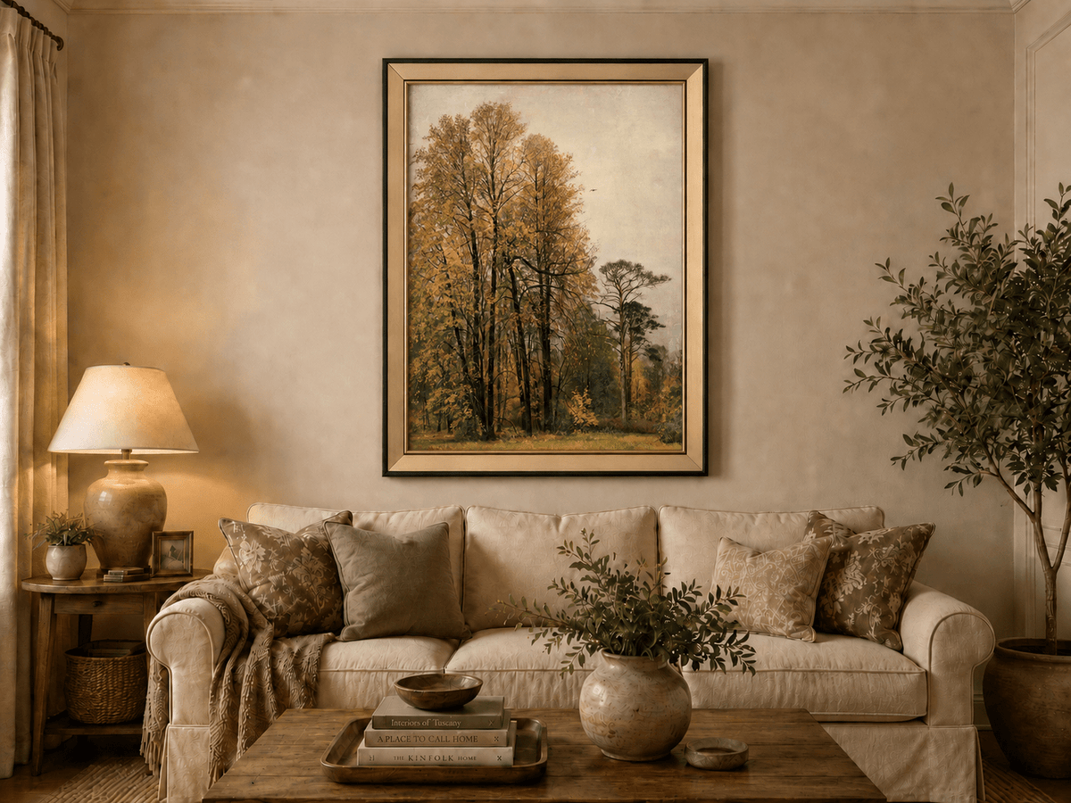 Framed hand-painted autumn forest oil painting with tall golden-leaved trees displayed above a neutral living room sofa.