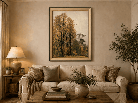 Framed hand-painted autumn forest oil painting with tall golden-leaved trees displayed above a neutral living room sofa.