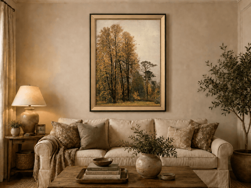 Framed hand-painted autumn forest oil painting with tall golden-leaved trees displayed above a neutral living room sofa.