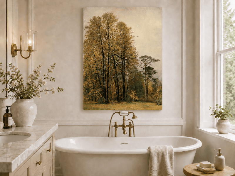 Unframed hand-painted autumn forest oil painting with tall golden-leaved trees displayed above a freestanding bathtub.