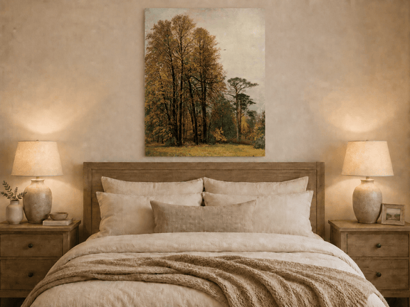 Unframed hand-painted autumn forest oil painting with tall golden-leaved trees displayed above a wooden bed in a neutral bedroom.