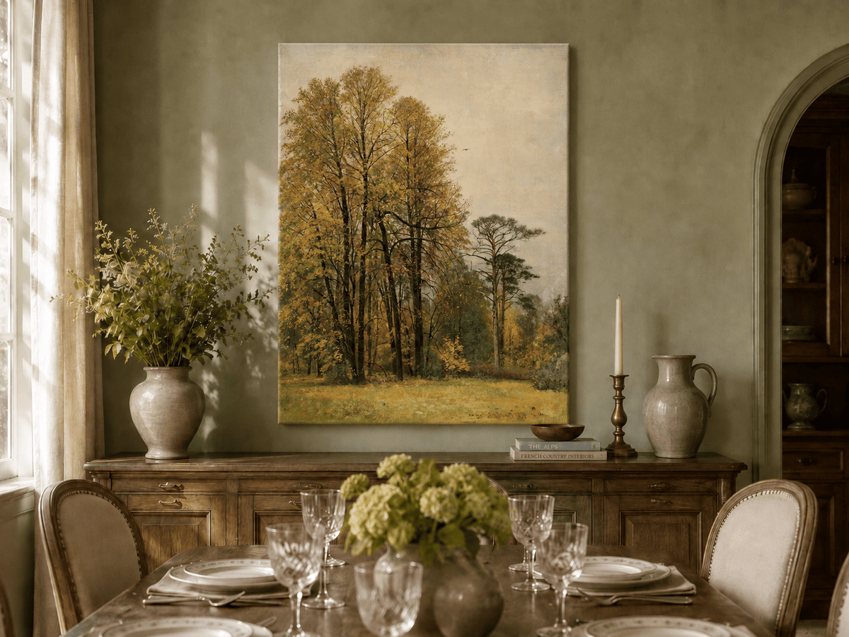 Unframed hand-painted autumn forest oil painting with tall golden-leaved trees displayed above a formal dining table.