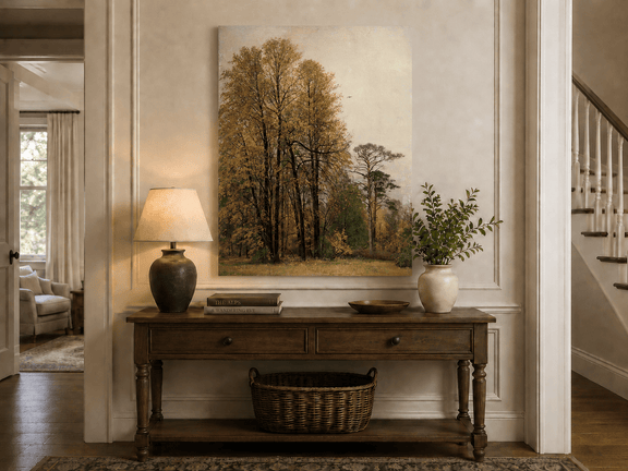 Unframed hand-painted autumn forest oil painting with tall golden-leaved trees displayed above an entryway console table.