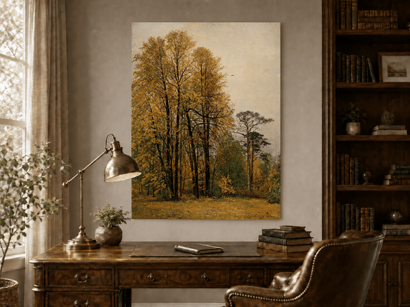 Unframed hand-painted autumn forest oil painting with tall golden-leaved trees displayed above a traditional home office desk.