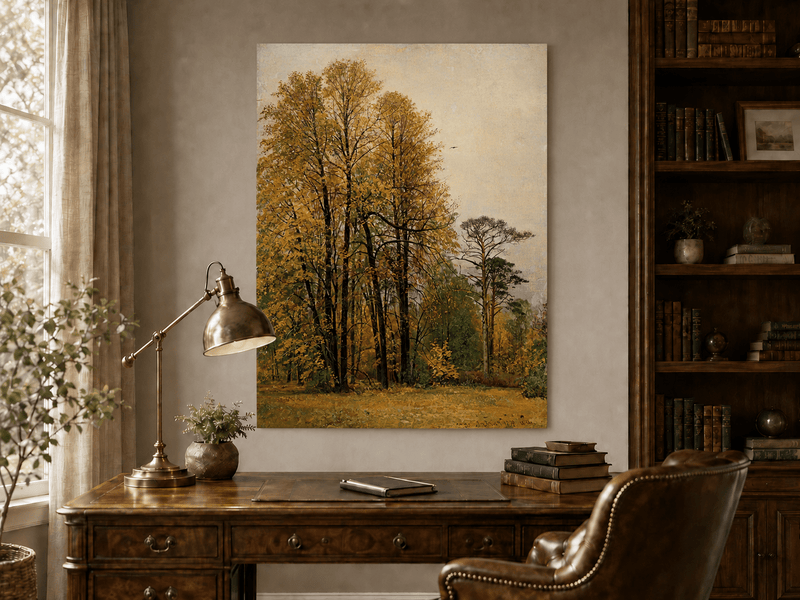 Unframed hand-painted autumn forest oil painting with tall golden-leaved trees displayed above a traditional home office desk.