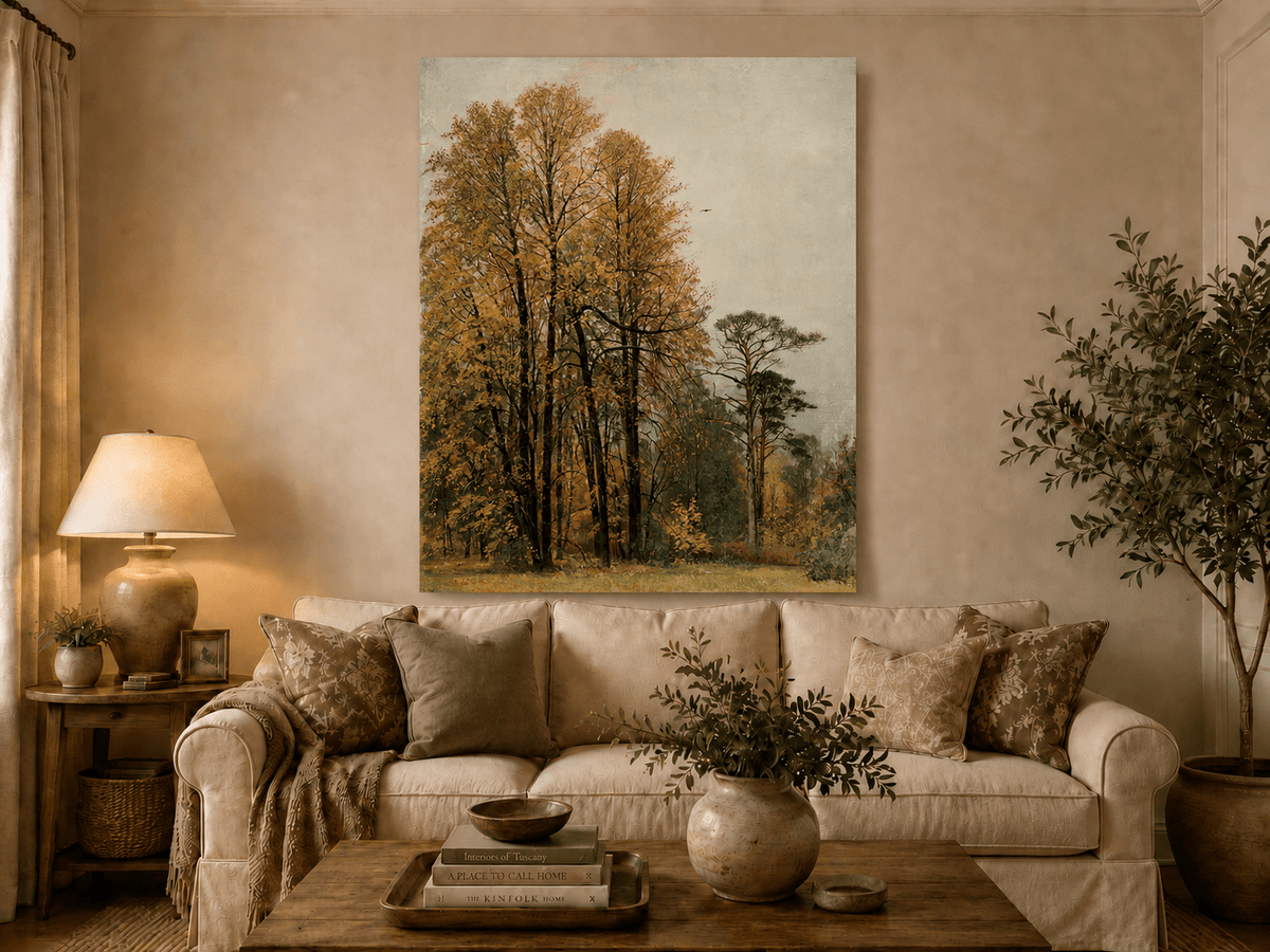 Unframed hand-painted autumn forest oil painting with tall golden-leaved trees displayed above a neutral living room sofa.