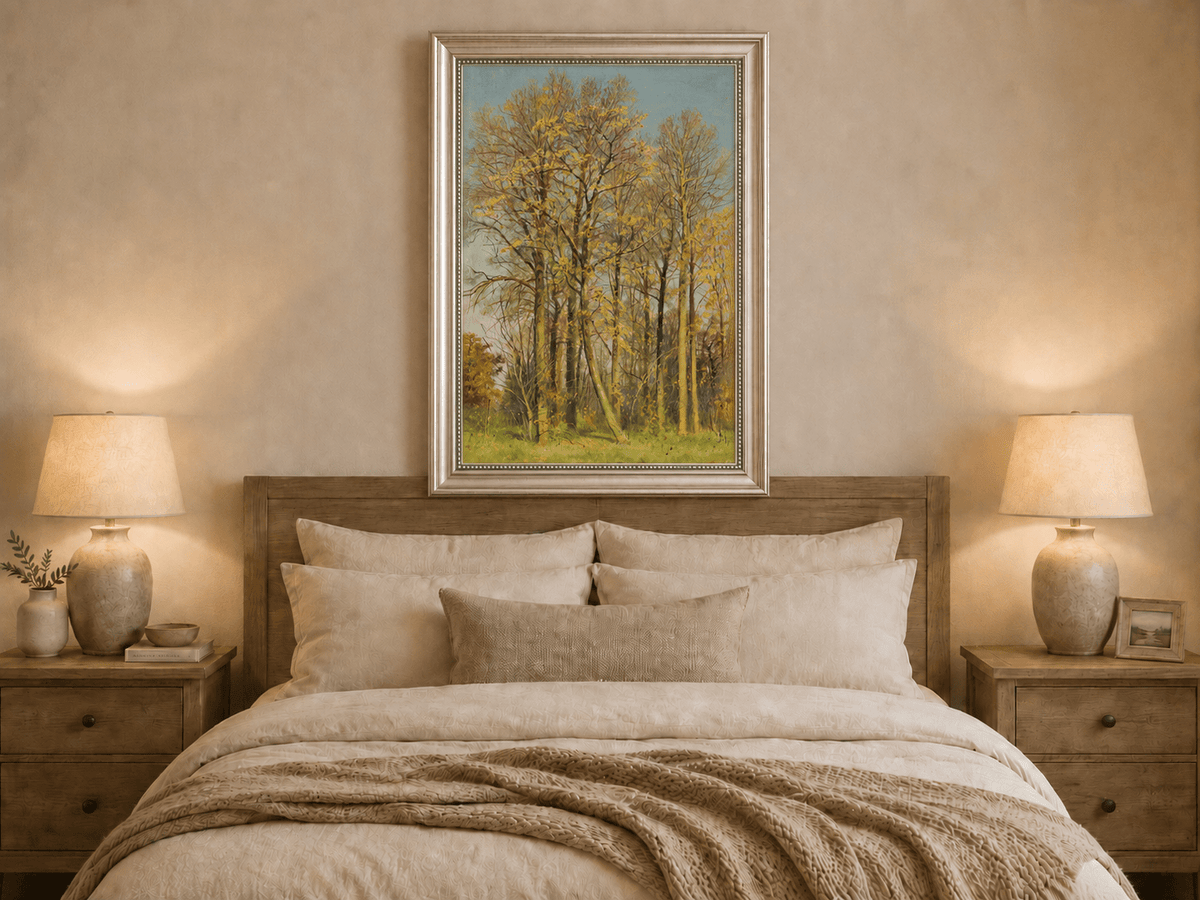Framed hand-painted autumn forest oil painting with slender golden trees and bright foliage displayed above a wooden bed in a neutral bedroom.