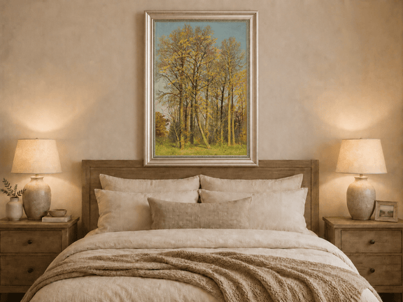 Framed hand-painted autumn forest oil painting with slender golden trees and bright foliage displayed above a wooden bed in a neutral bedroom.