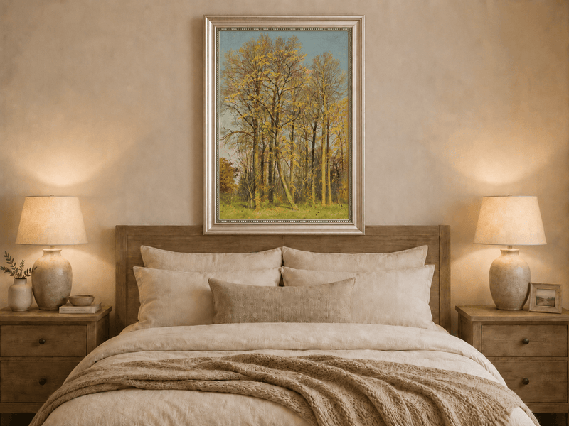 Framed hand-painted autumn forest oil painting with slender golden trees and bright foliage displayed above a wooden bed in a neutral bedroom.
