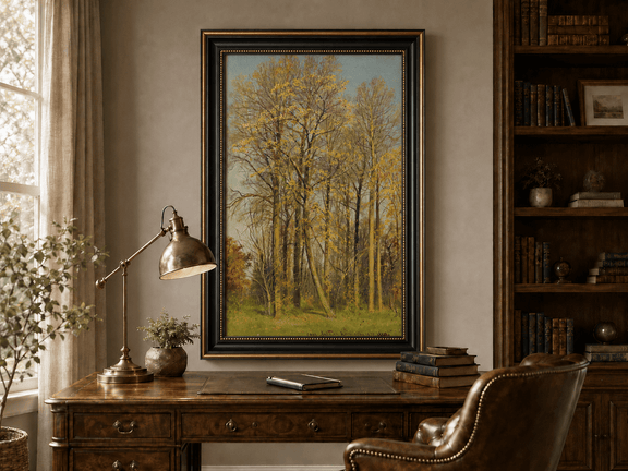 Framed hand-painted autumn forest oil painting with slender golden trees and bright foliage displayed above a traditional home office desk.