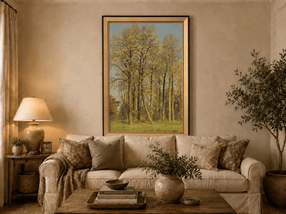 Framed hand-painted autumn forest oil painting with slender golden trees and bright foliage displayed above a neutral living room sofa.